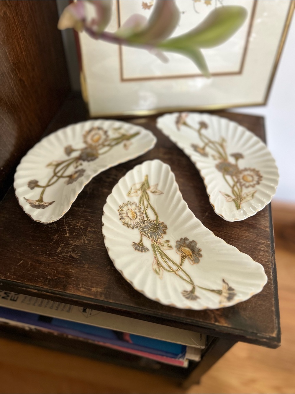 Antique Bone Dishes, Floral Scalloped Porcelain Crescent Plates - Set of 3